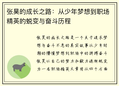 张昊的成长之路：从少年梦想到职场精英的蜕变与奋斗历程